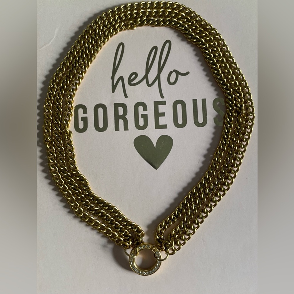 Gold Plated Multi Chain Necklace w/ Pavé Clasp | 16” Statement - Picture 3 of 3